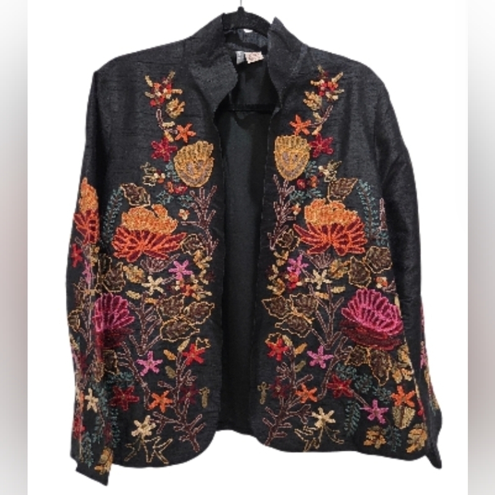 Anu Vintage 100% Silk Embroidered Open Jacket, Size Small